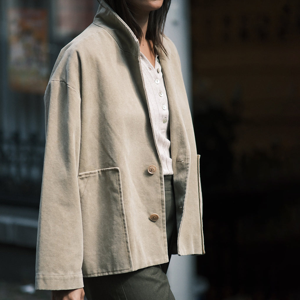 7115 By Szeki Unisex Lapel Short Coat Washed Tan Beige