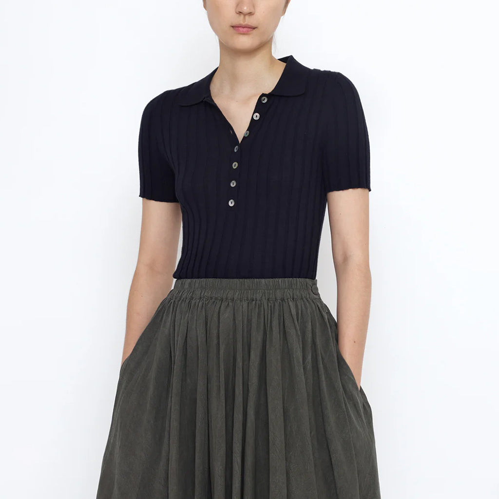 7115 By Szeki Woman Collared Ribbed Fine Knit T-shirt Navy Blue