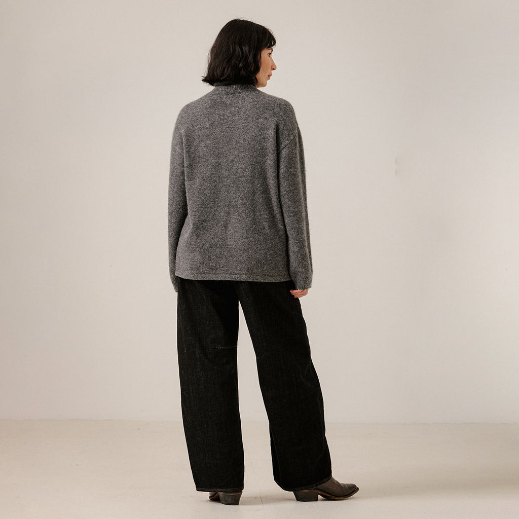 Bare Knitwear Trunk Show Woman Asymmetric Funnel Neck Sweater Charcoal Grey