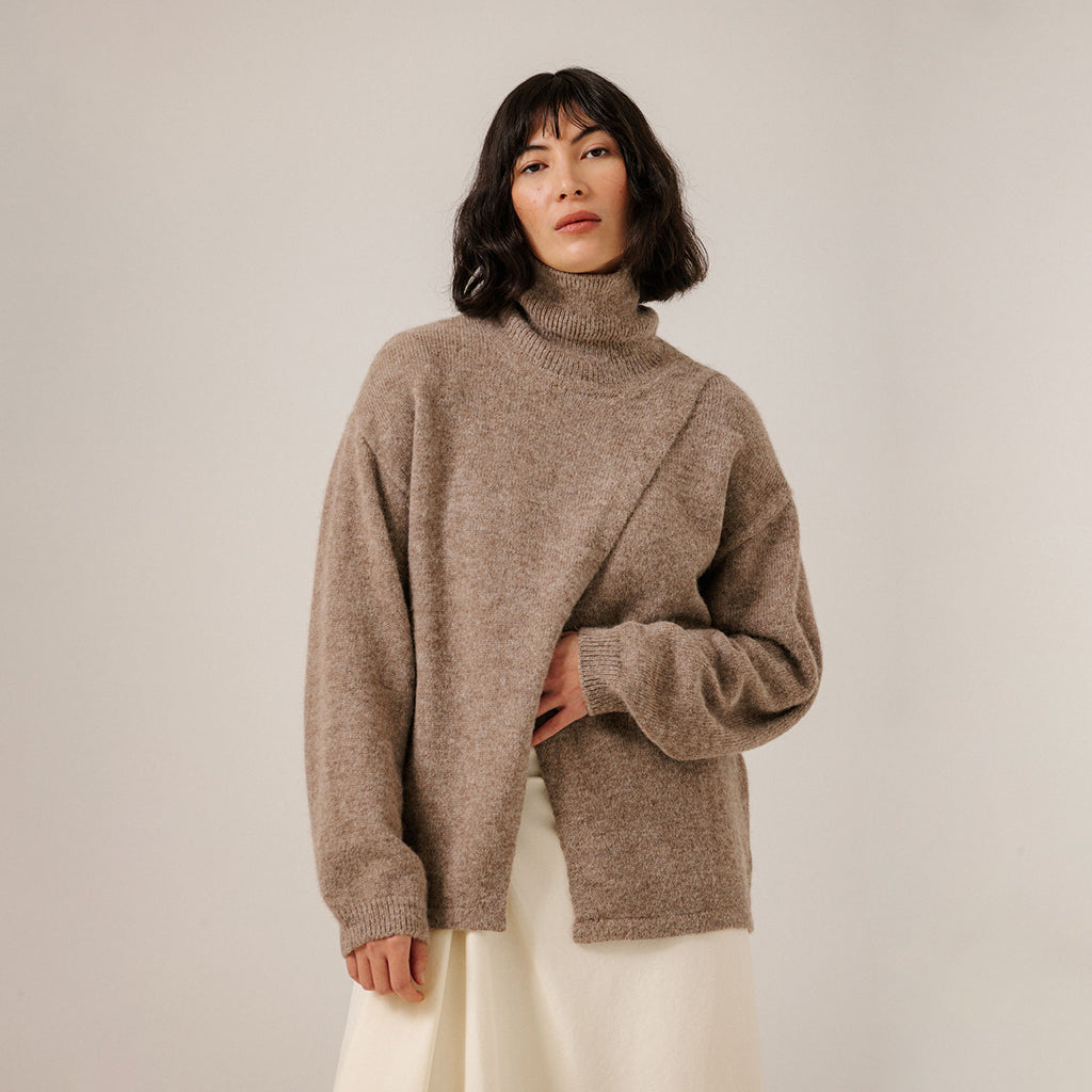 Bare Knitwear Trunk Show Woman Asymmetric Funnel Neck Sweater Dark Fawn Brown