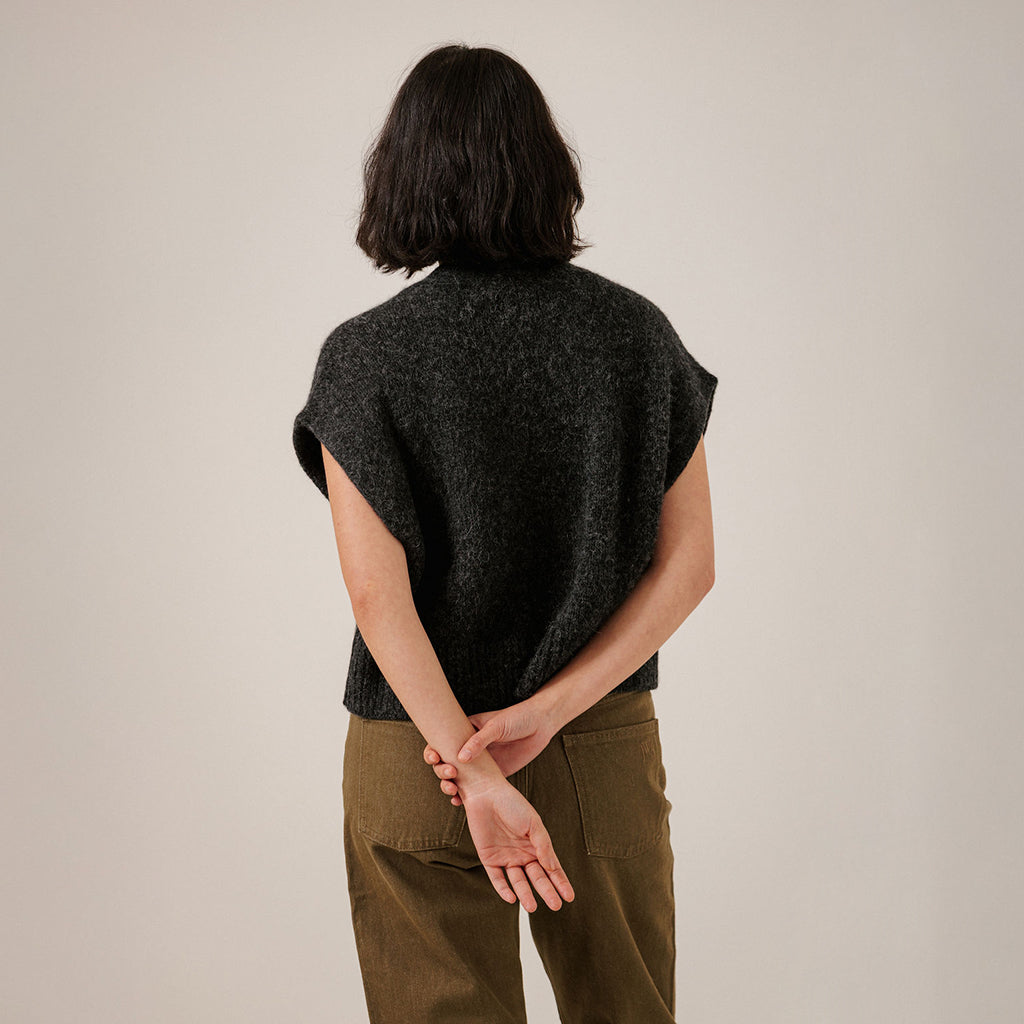 Bare Knitwear Trunk Show Woman Alpaca Button Down Vest Basalt Grey