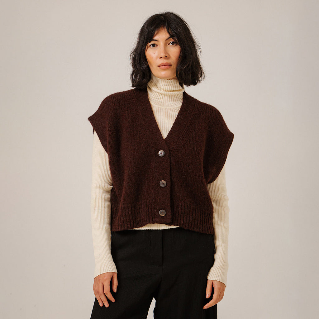 Bare Knitwear Trunk Show Woman Alpaca Button Down Vest Deep Maroon Red