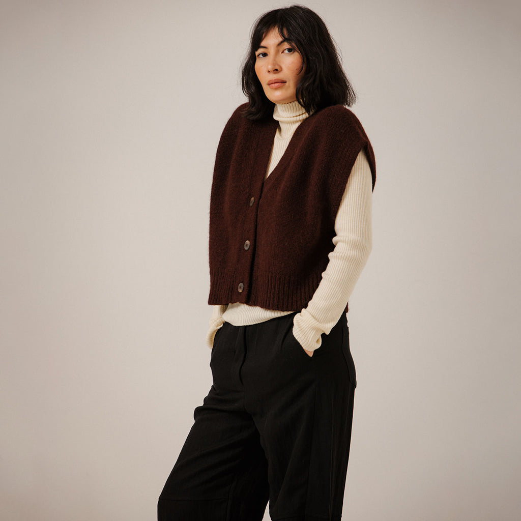 Bare Knitwear Trunk Show Woman Alpaca Button Down Vest Deep Maroon Red