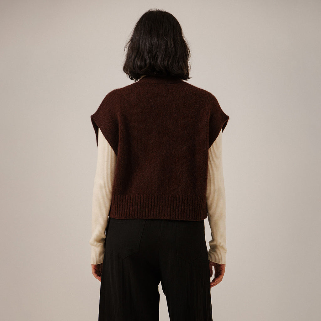 Bare Knitwear Trunk Show Woman Alpaca Button Down Vest Deep Maroon Red