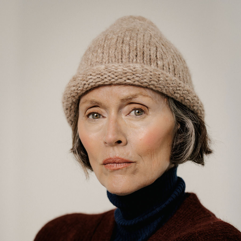 Bare Knitwear Trunk Show Woman Baby Alpaca Roll Hat Fawn Brown Marl