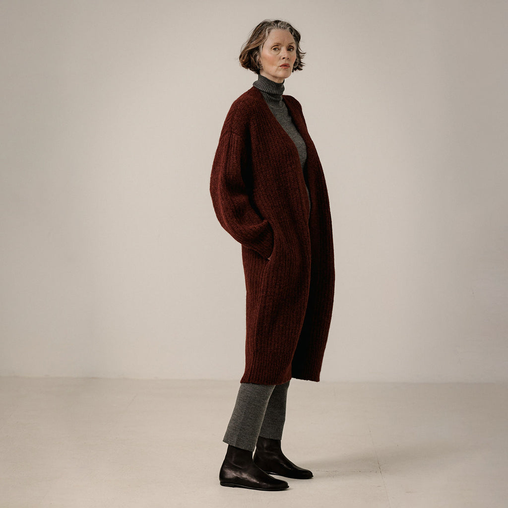 Bare Knitwear Woman Lofty Alpaca Midi Cardigan Deep Maroon Red