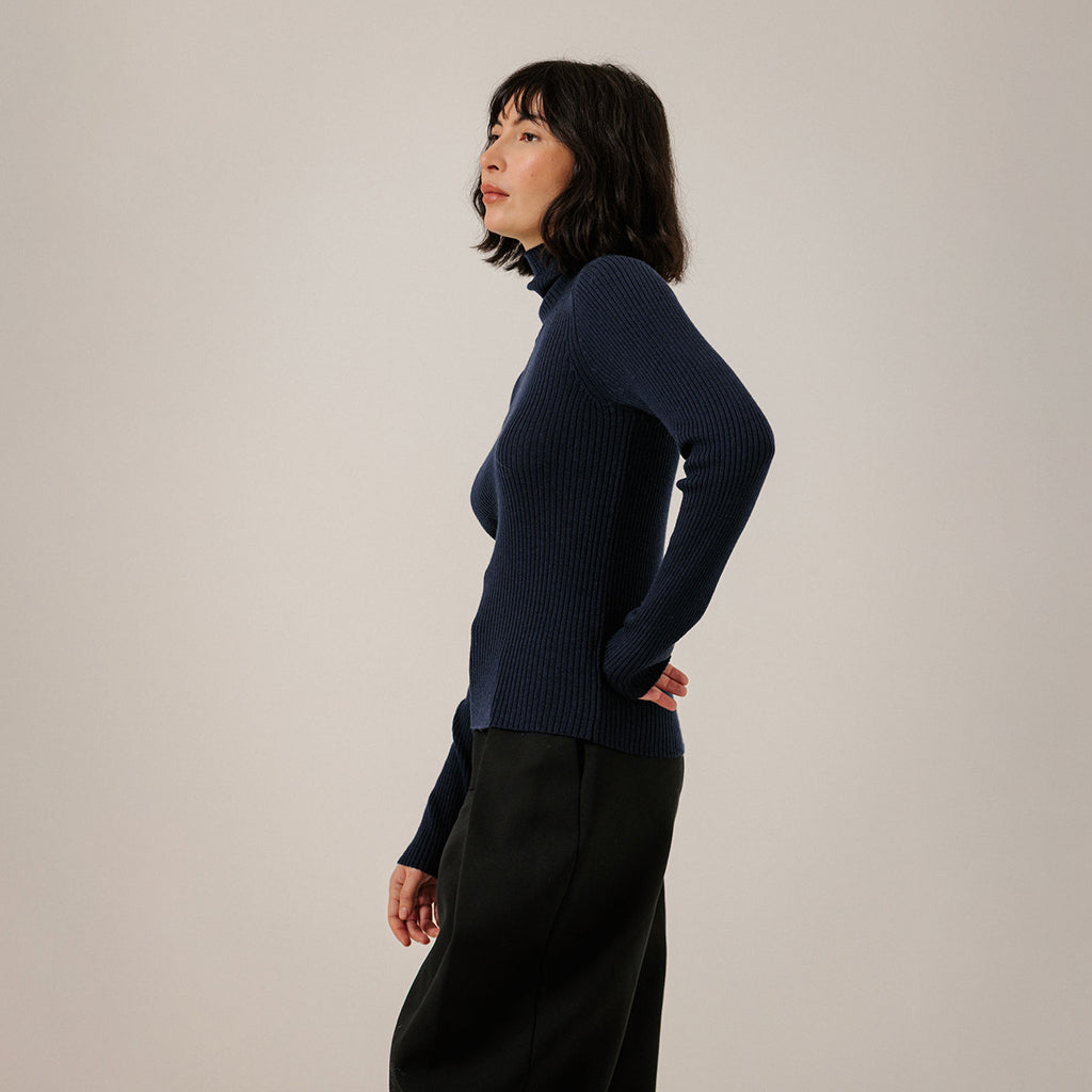 Bare Knitwear Trunk Show Woman Fine Merino Turtleneck Sweater Navy Blue