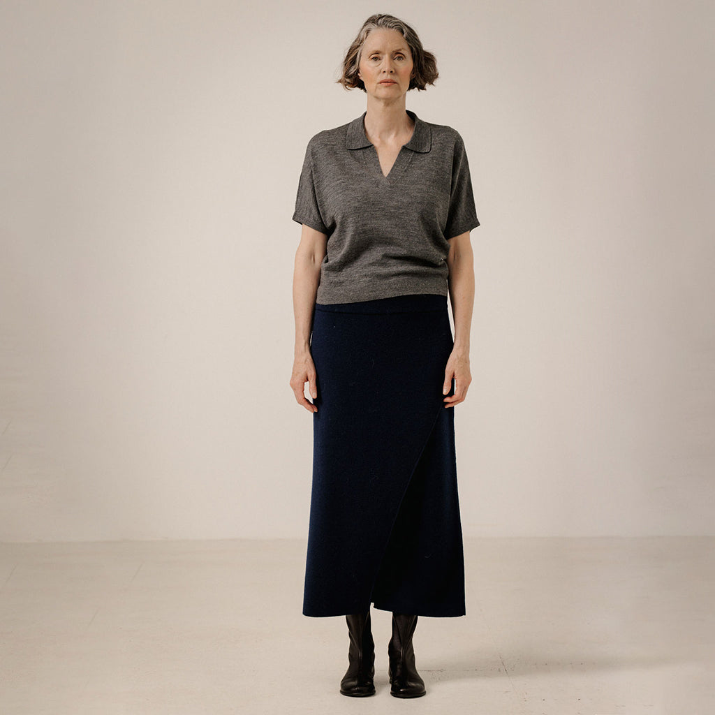 Bare Knitwear Trunk Show Woman Asymmetric Midi Skirt Navy Blue