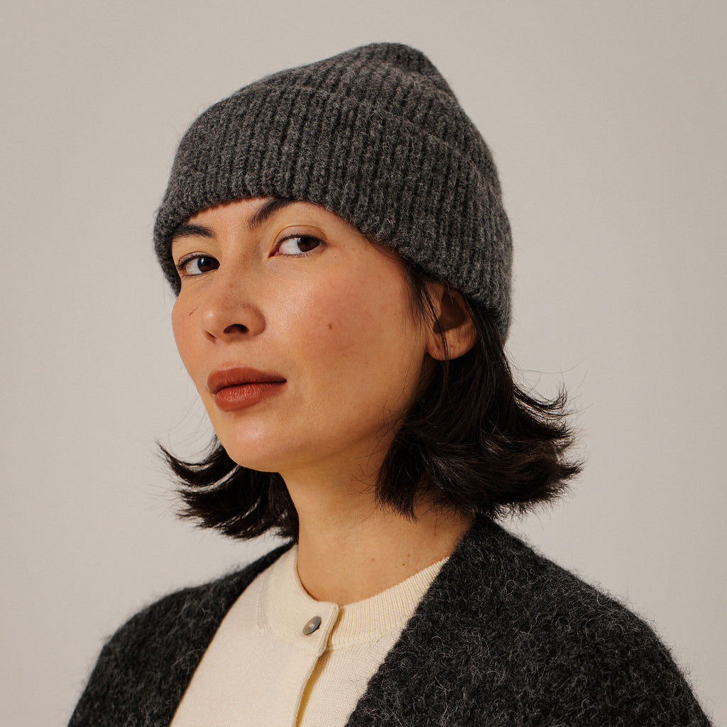 Bare Knitwear Trunk Show Woman Baby Alpaca Rib Beanie Charcoal Grey