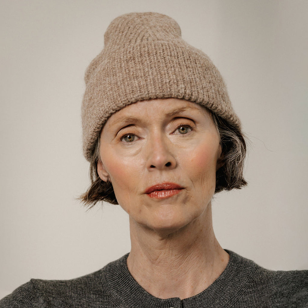 Bare Knitwear Trunk Show Woman Baby Alpaca Rib Beanie Dark Fawn Brown