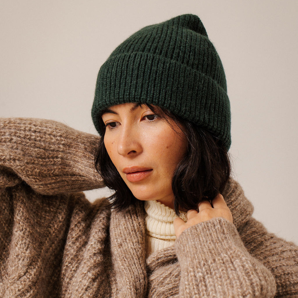 Bare Knitwear Trunk Show Woman Baby Alpaca Rib Beanie Emerald Green
