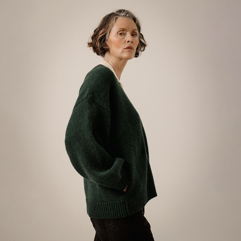 Bare Knitwear Trunk Show Woman Oversized Alpaca Cardigan Emerald Green