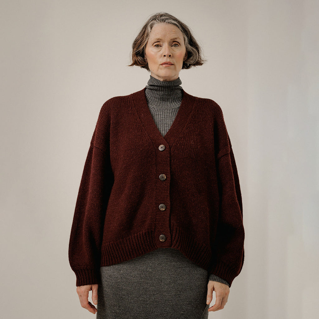 Bare Knitwear Woman Oversized Alpaca Cardigan Deep Maroon Red
