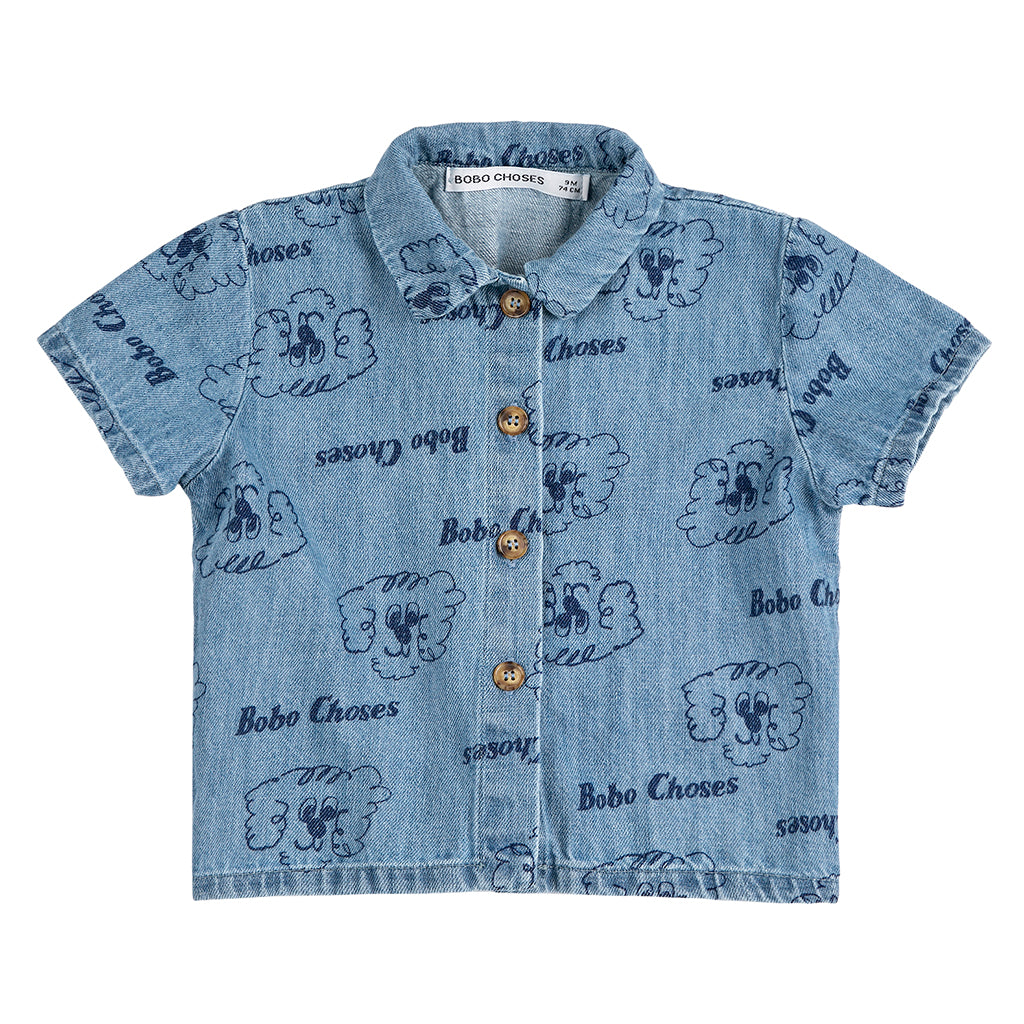 Bobo Choses Baby Denim Shirt All Over Pickles The Dog Print Light Blue