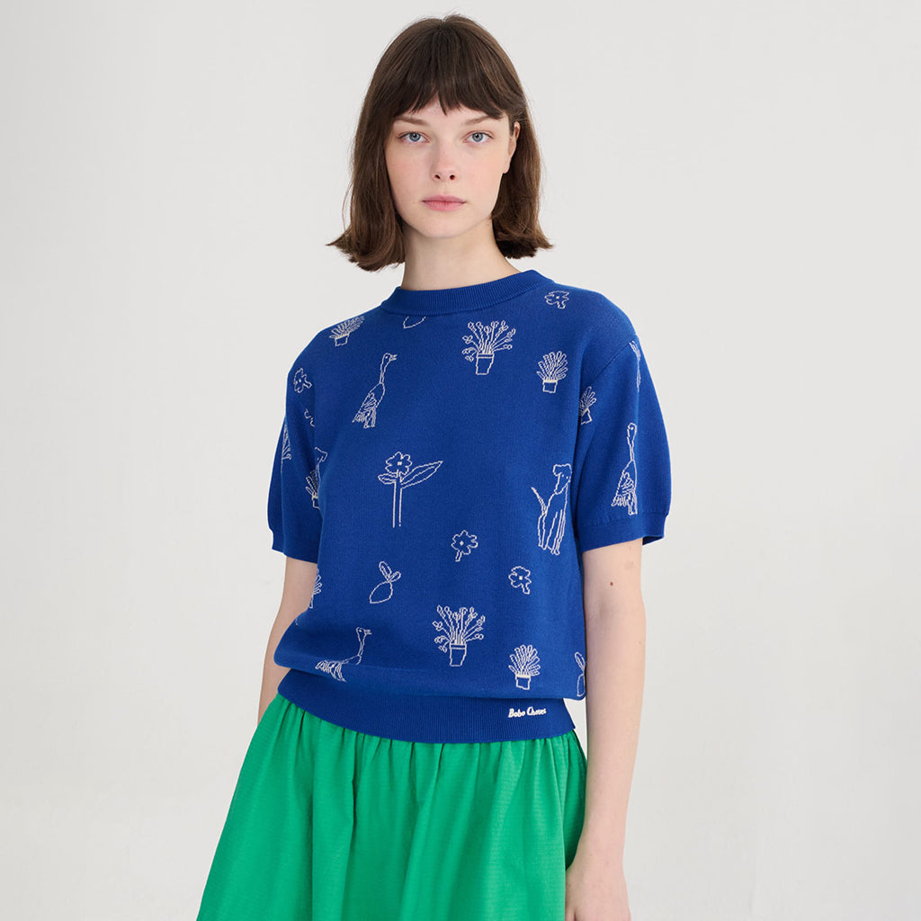 Bobo Choses Woman Knit T-shirt Jacquard Summer Trip Pattern Blue
