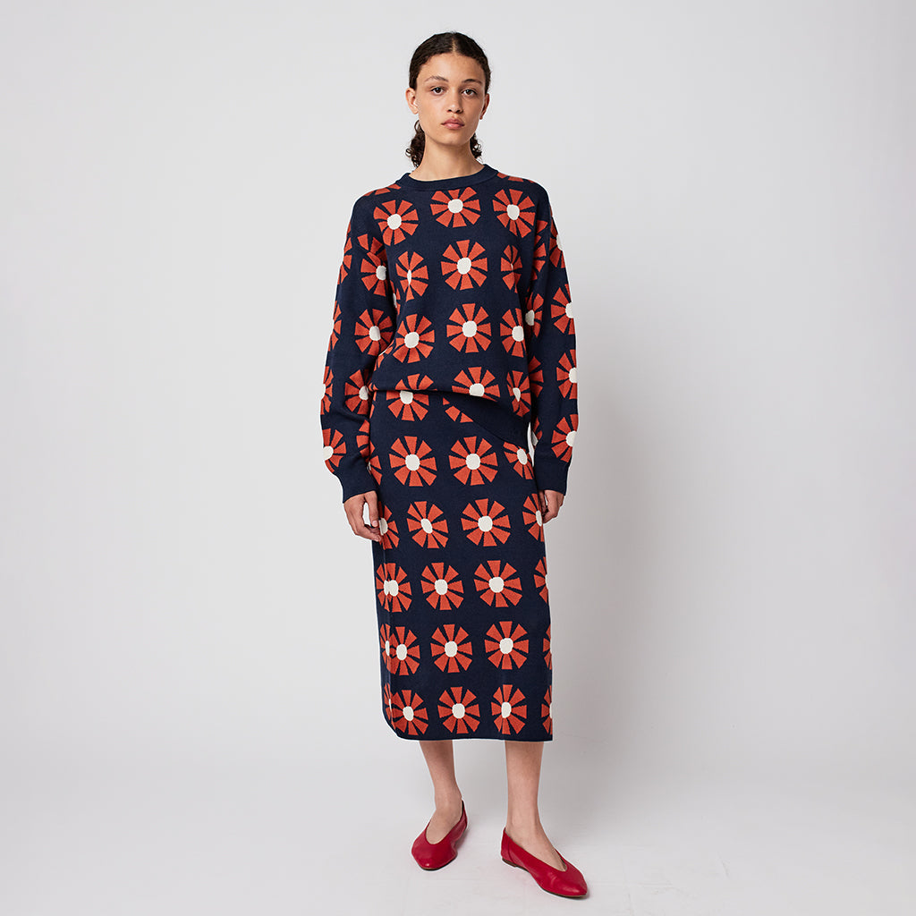 Bobo Choses Woman Midi Knitted Skirt Navy Blue Flower Jacquard