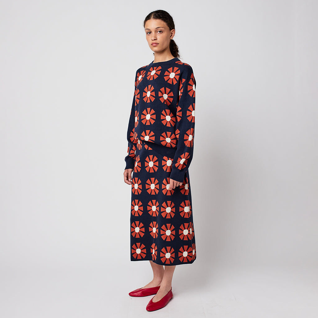 Bobo Choses Woman Midi Knitted Skirt Navy Blue Flower Jacquard