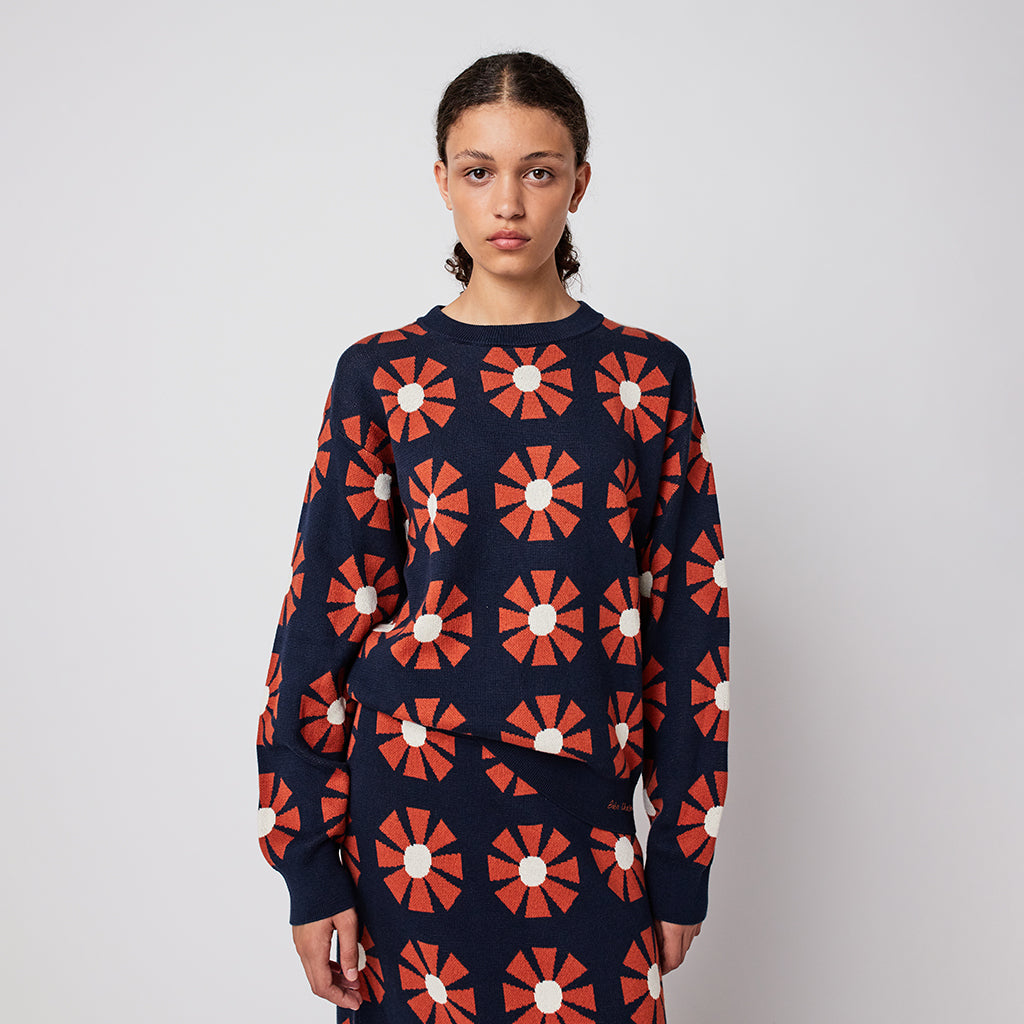 Bobo Choses Woman Relaxed Sweater Navy Blue Flower Jacquard