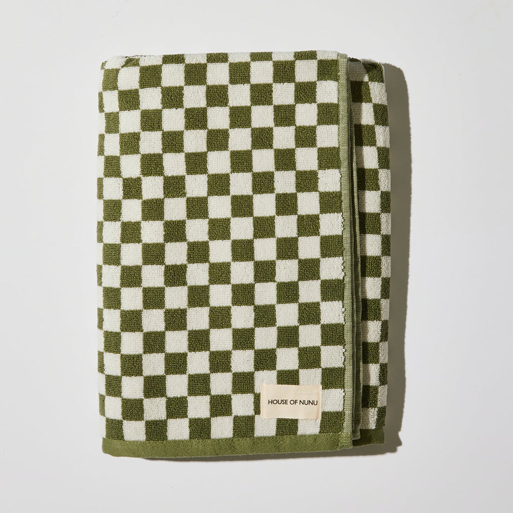 House of Nunu Bath Towel Olive Green Checks