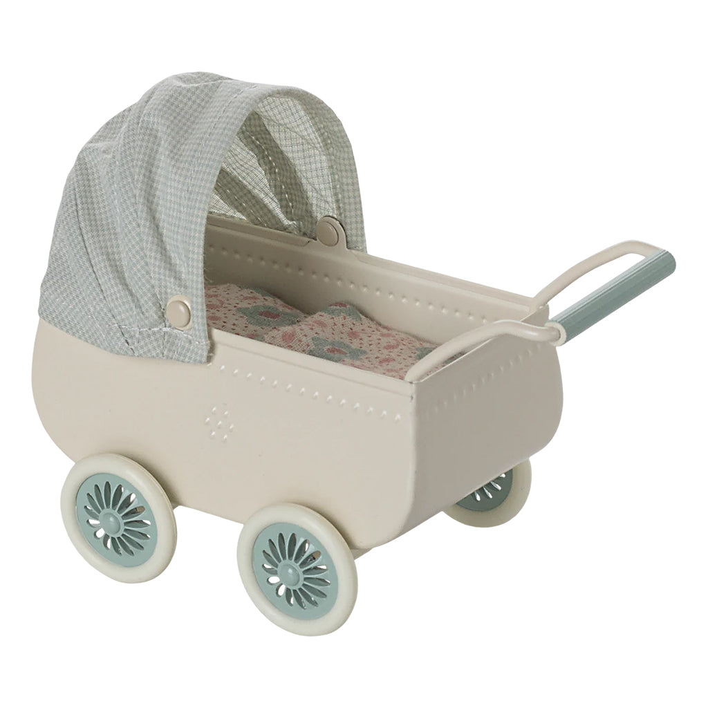 Maileg Toys Mouse Micro Pram With Baby Mouse Mint Green