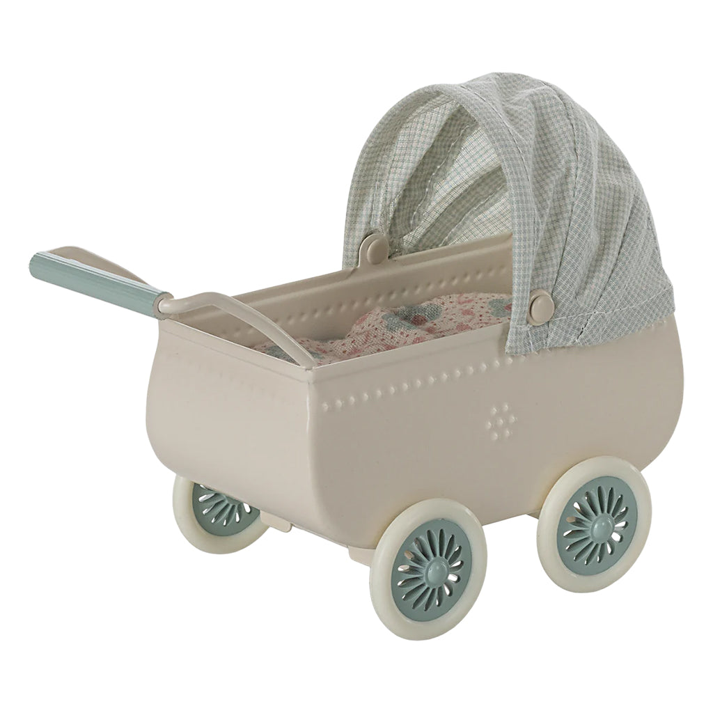 Maileg Toys Mouse Micro Pram With Baby Mouse Mint Green