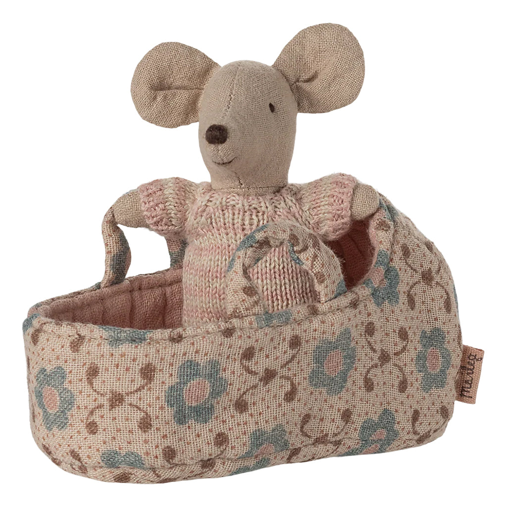 Maileg Toys Mouse Baby In Carry Cot Rose Pink