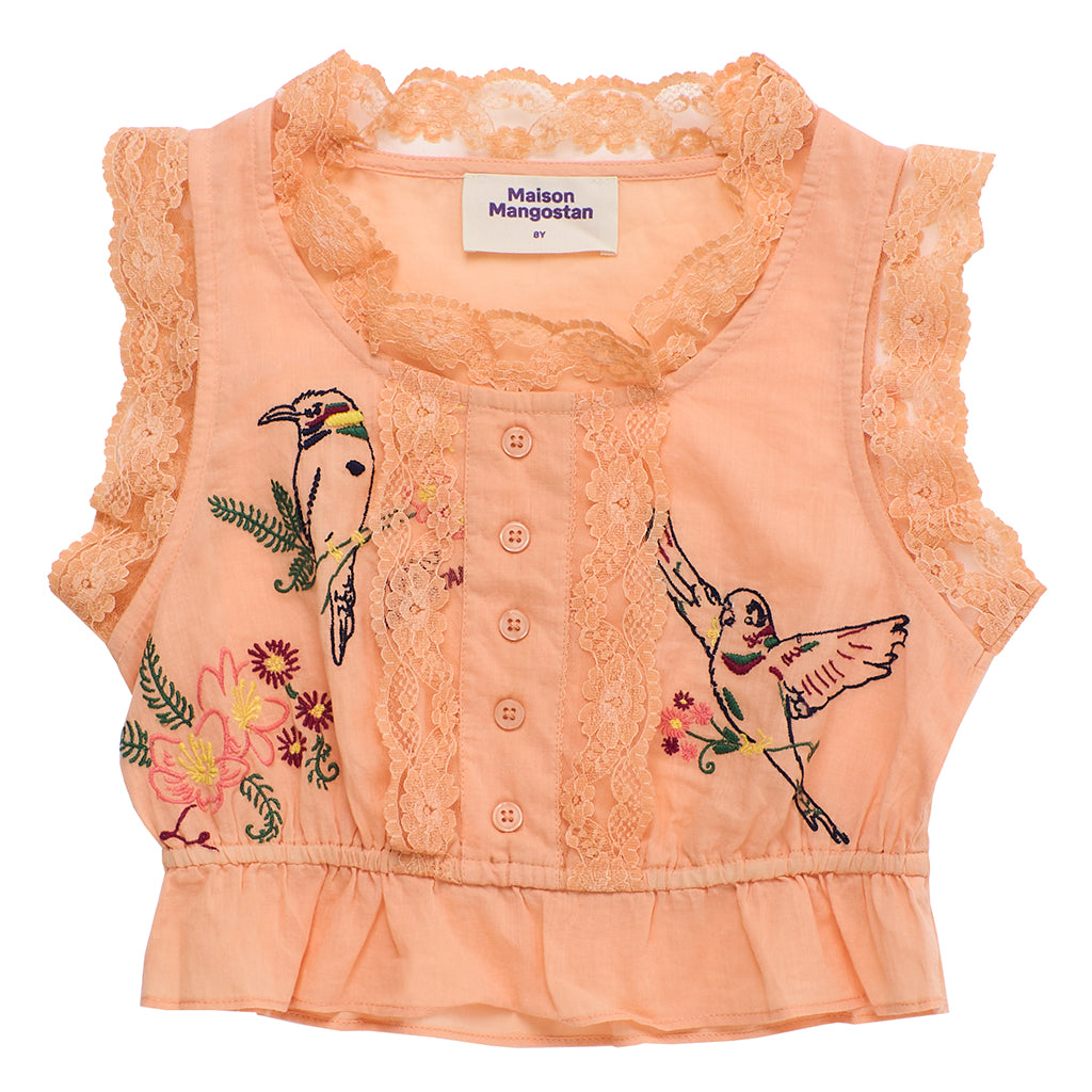 Maison Mangostan Child Birds Embroidered Ruffle Blouse Orange