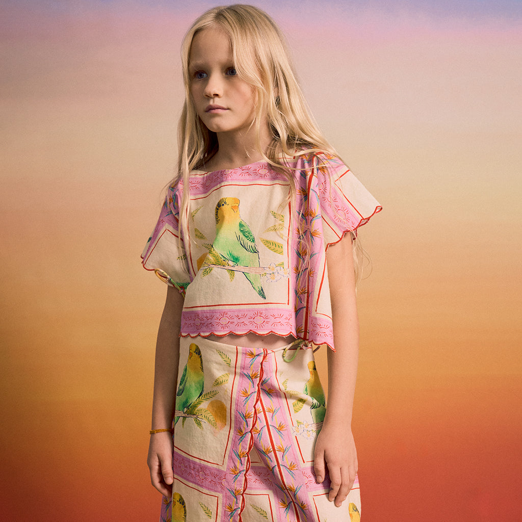 Maison Mangostan Child Birds Patchwork Blouse Pink