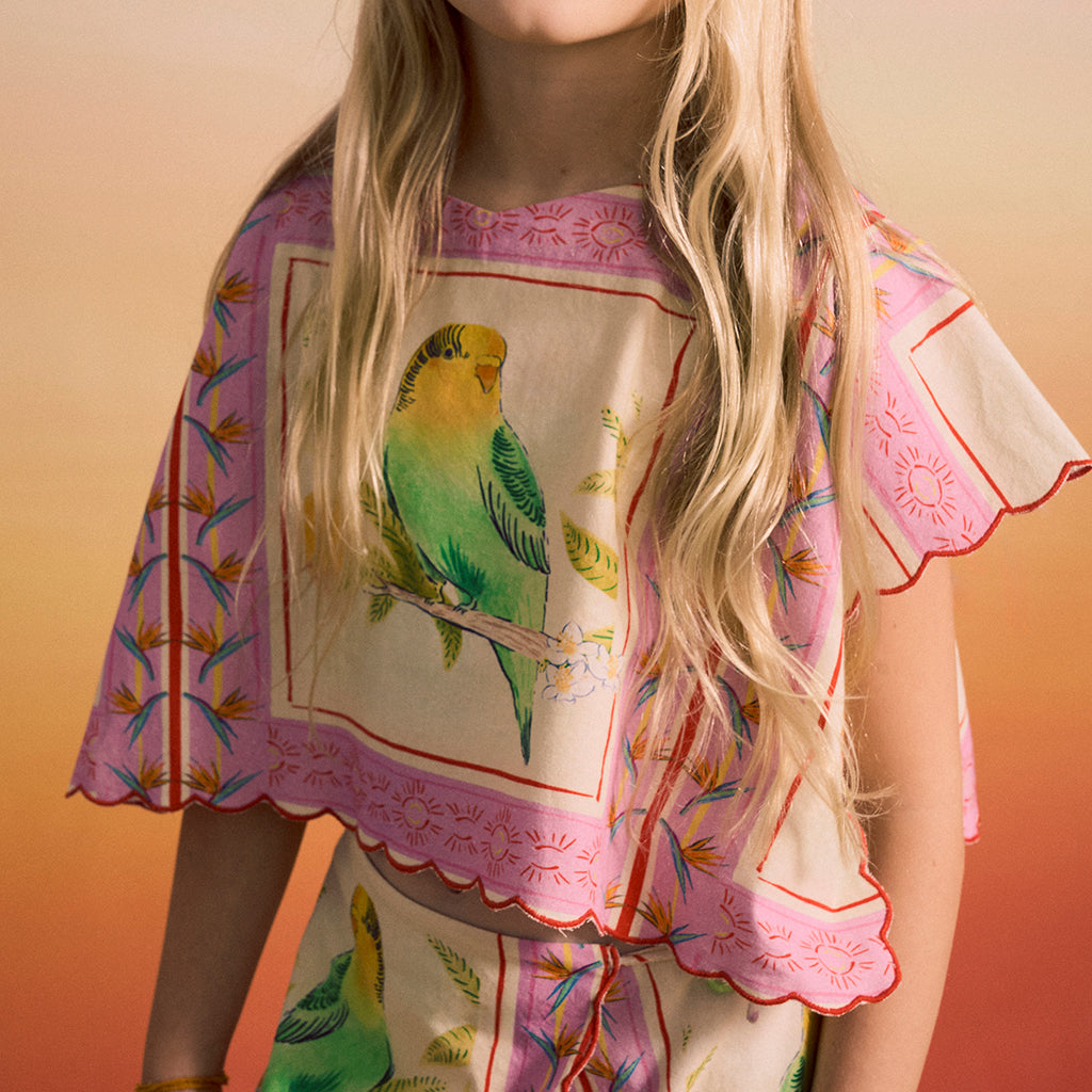 Maison Mangostan Child Birds Patchwork Blouse Pink