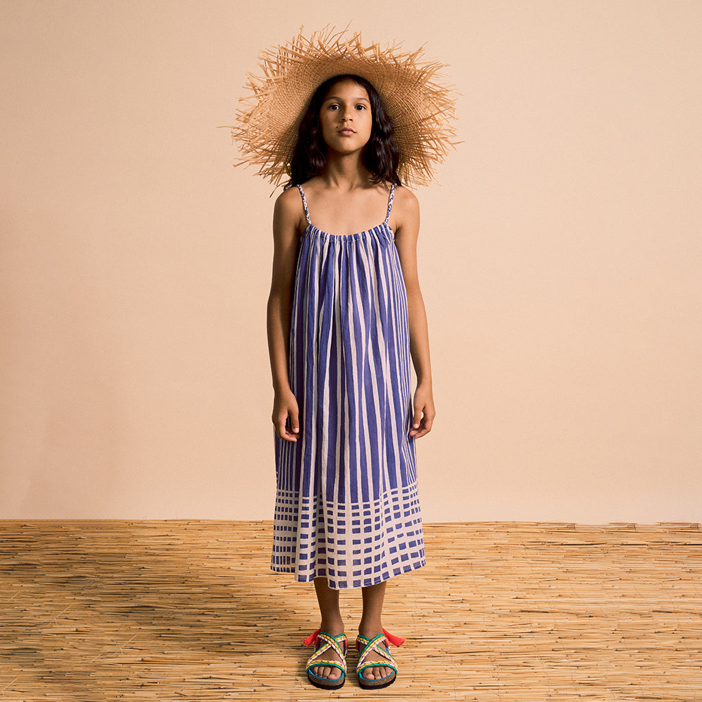 Maison Mangostan Child Bali Striped Dress Blue And White