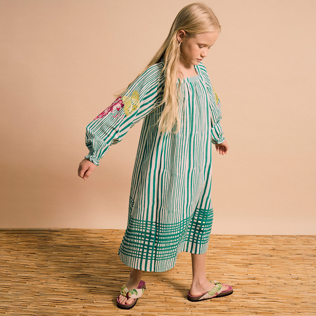 Maison Mangostan Child Uvas Dress Green Stripes