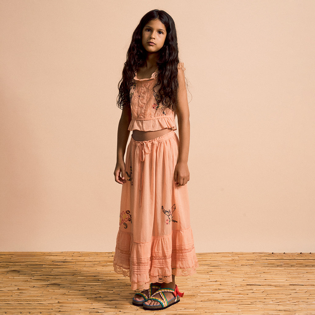 Maison Mangostan Child Birds Embroidered Skirt Orange
