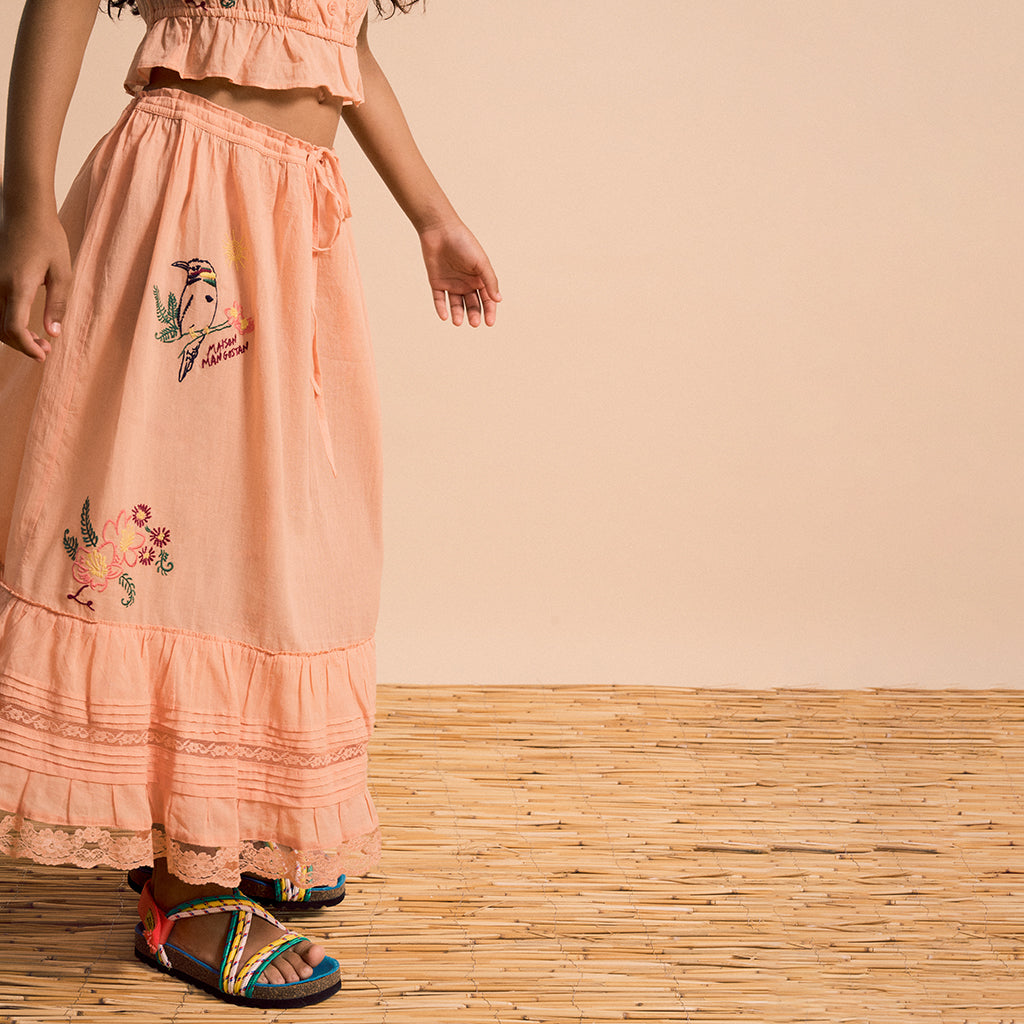 Maison Mangostan Child Birds Embroidered Skirt Orange