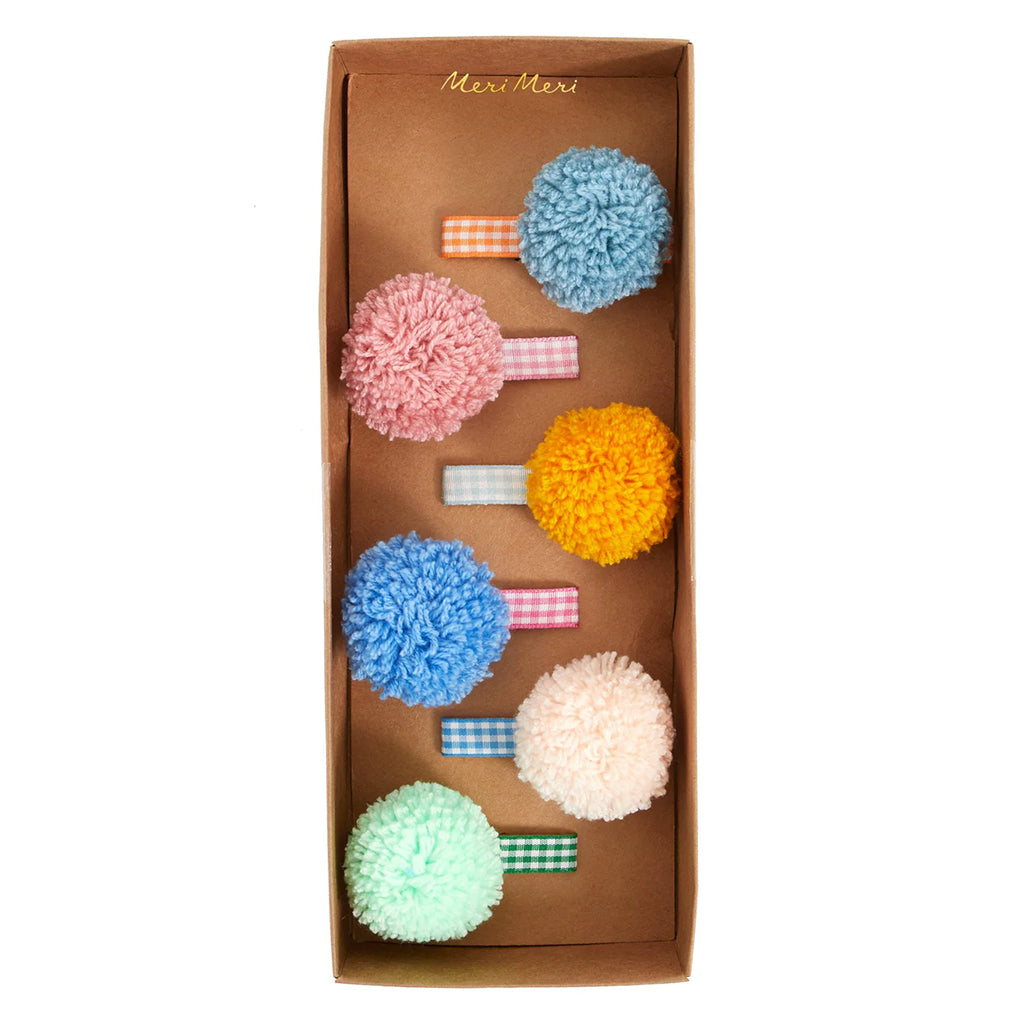 Meri Meri Set Of 6 Gingham And Big Pompom Hair Clips