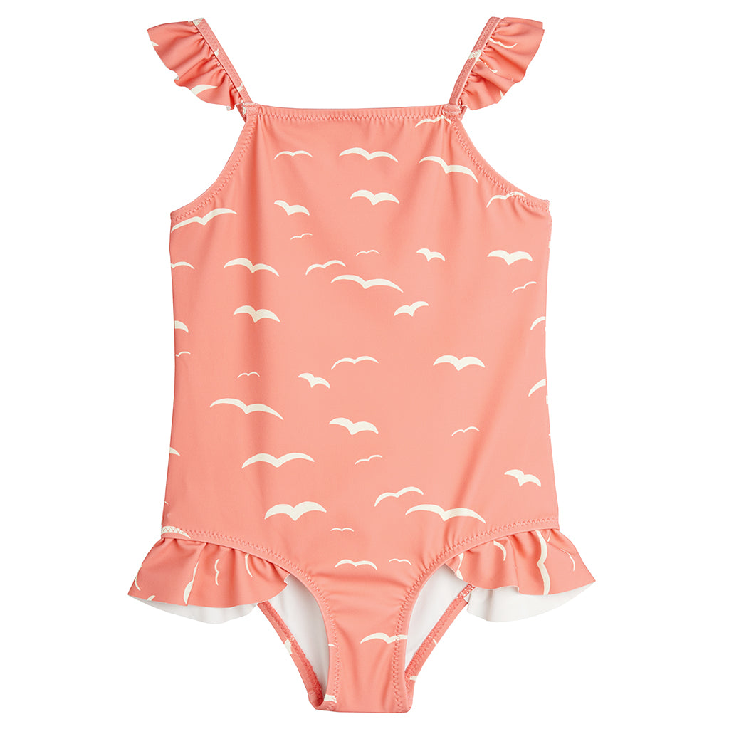 Mini Rodini Child Frill Swimsuit Seagull Print Pink
