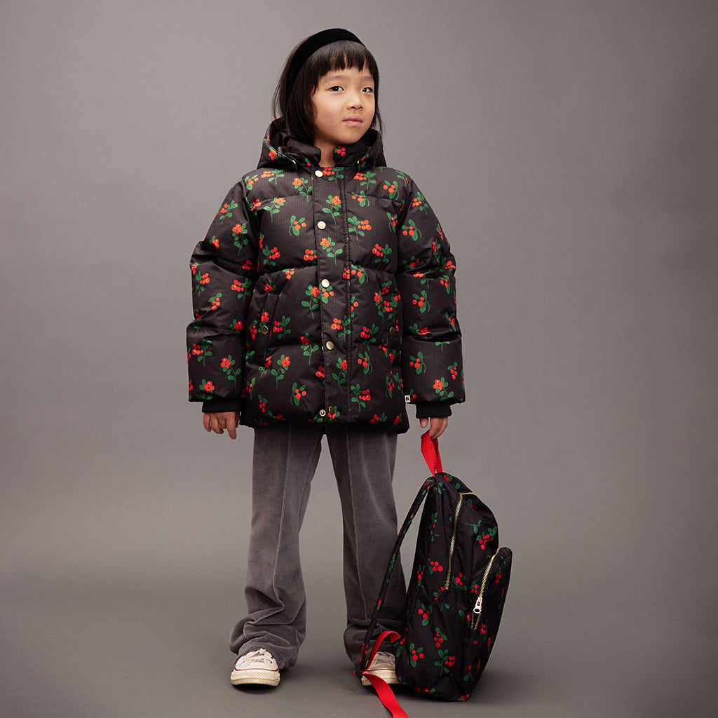Mini Rodini Child Hooded Puffer Jacket Black Lingonberries Print