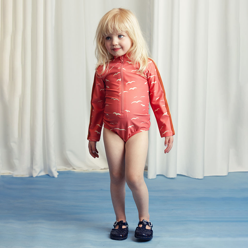 Mini Rodini Child Long Sleeved Swimsuit Seagull Print Pink