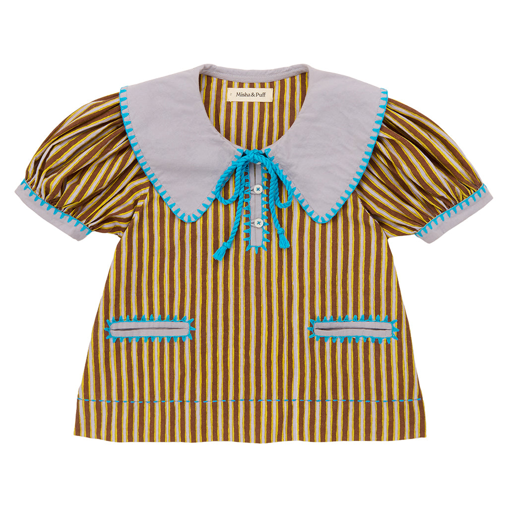 Misha & Puff Child Antonia Blouse Cola Brown Painterly Stripes