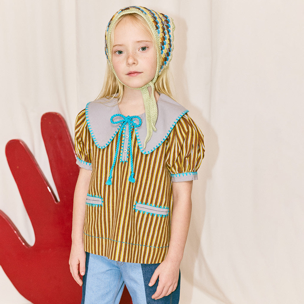 Misha & Puff Child Antonia Blouse Cola Brown Painterly Stripes