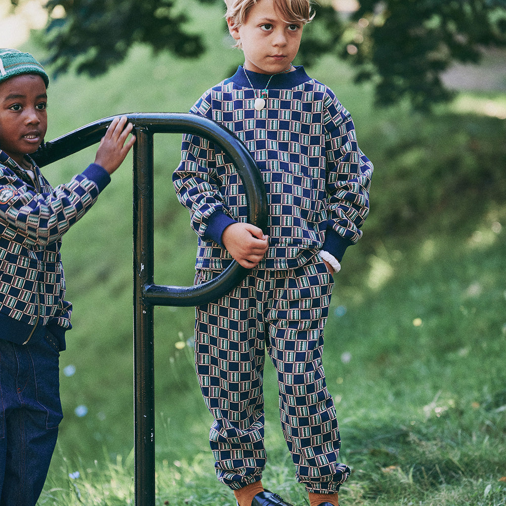 Misha & Puff Child Gymclass Sweatpants Navy Blue Astronomy Library Check Print