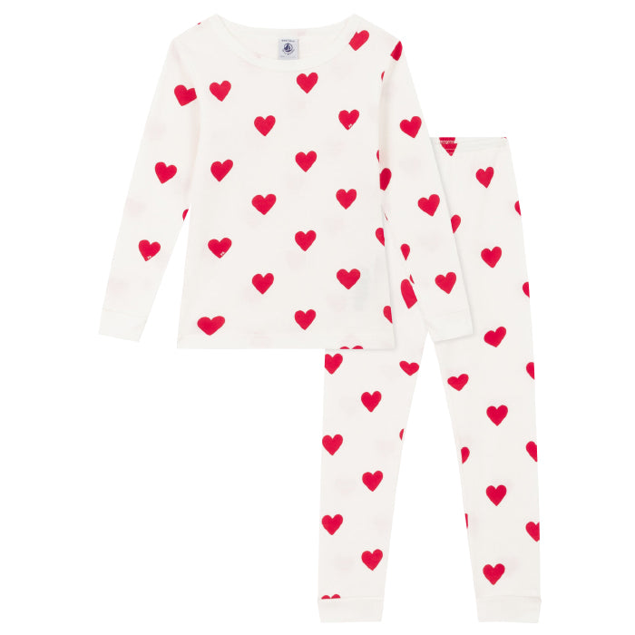 Petit Bateau Child Lison Pyjamas Cream With Red Heart Print