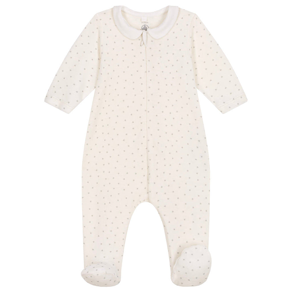 Petit Bateau Baby Velour Collared Pyjamas Mini Hearts Marshmallow White