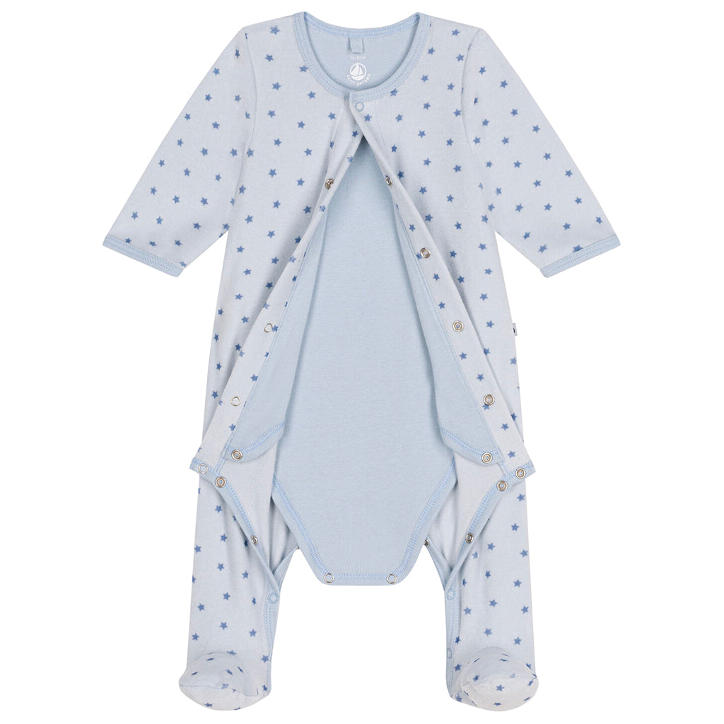 Petit Bateau Baby Velour Bodyjama Pyjamas Mini Stars Beach Blue
