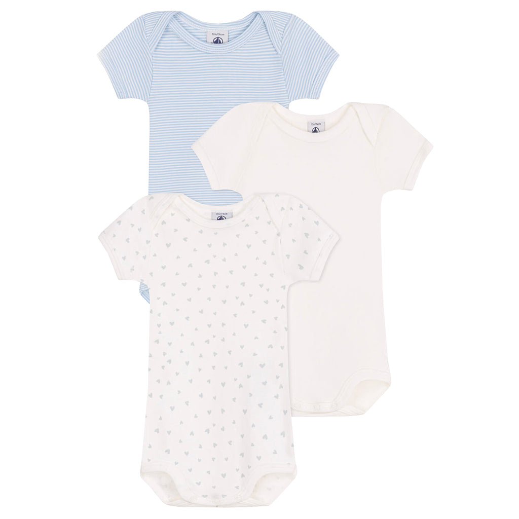 Petit Bateau Baby Set Of Three Bodysuits Grey Hearts