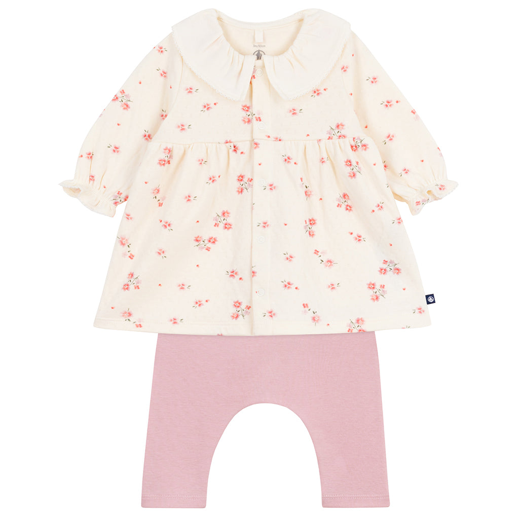 Petit Bateau Baby Dress With Leggings Milk Cream Floral Print