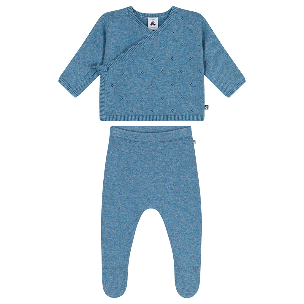Petit Bateau Baby Set Wrap Cardigan & Pull On Pants with Feet Adriatic Blue