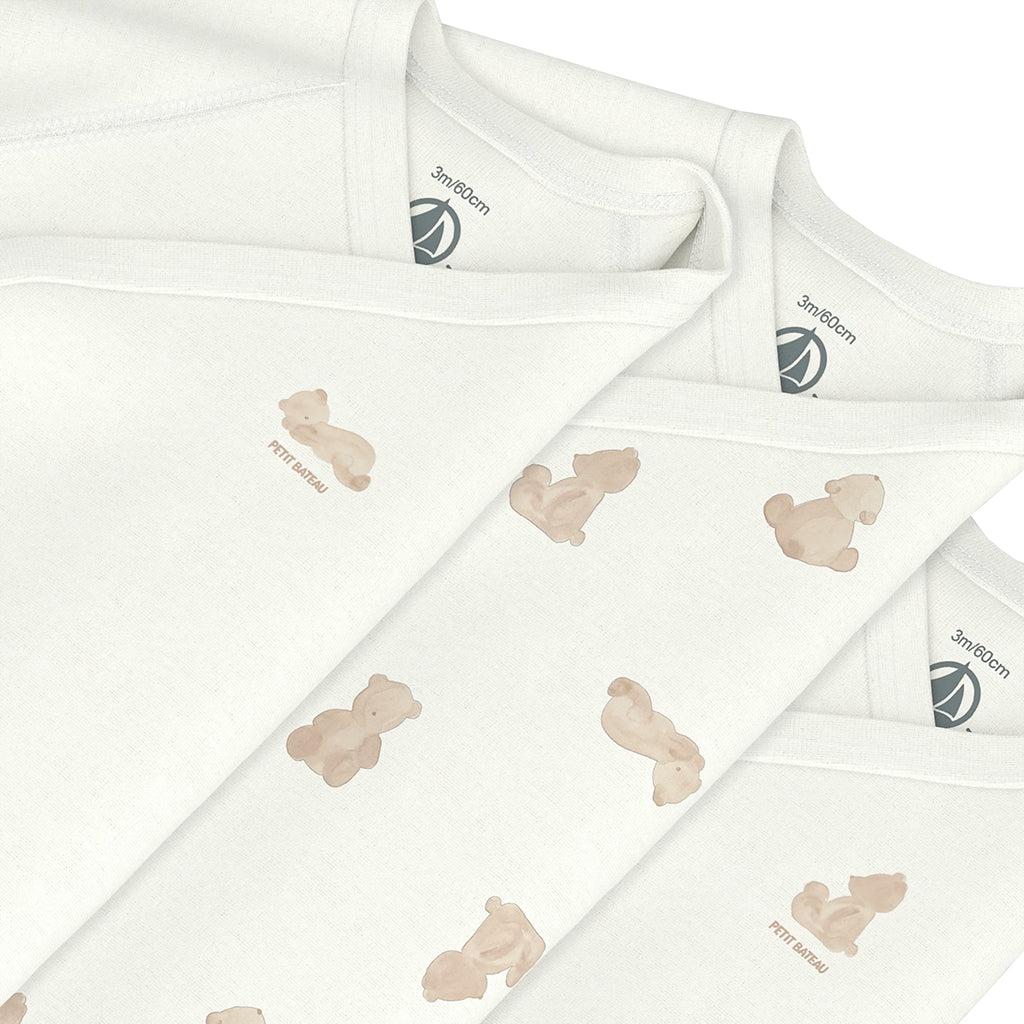 Petit Bateau Baby Set Of Three Wrap Bodysuits White With Brown Bear Print
