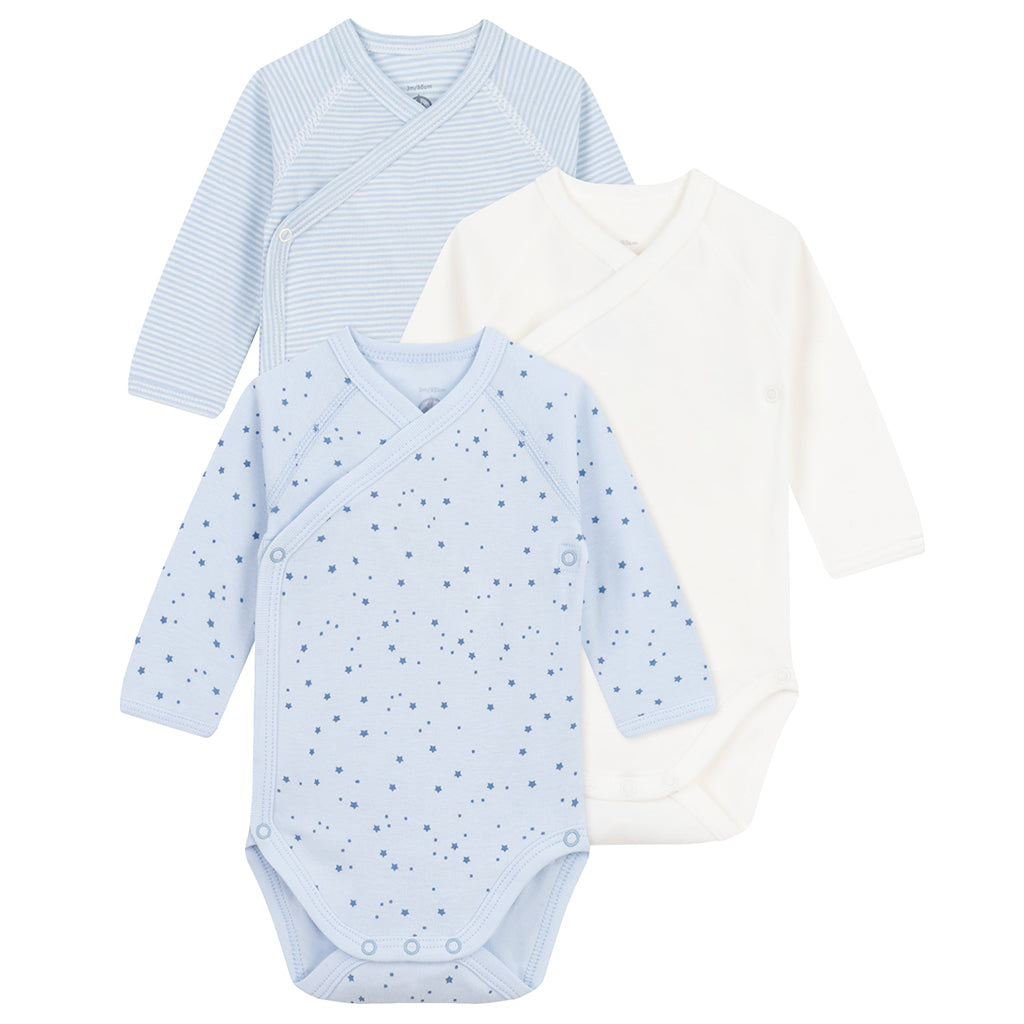 Petit Bateau Baby Set Of Three Wrap Bodysuits Blue Stars Print