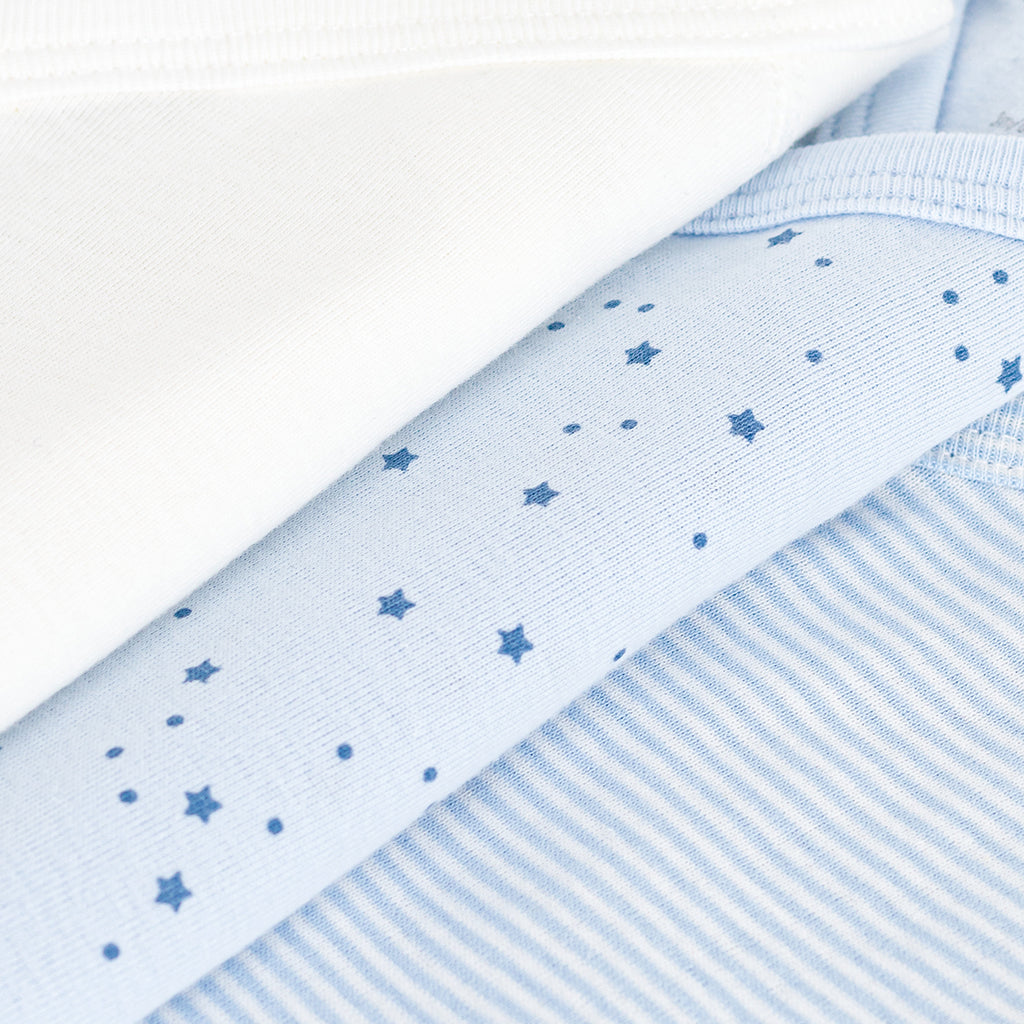 Petit Bateau Baby Set Of Three Wrap Bodysuits Blue Stars Print
