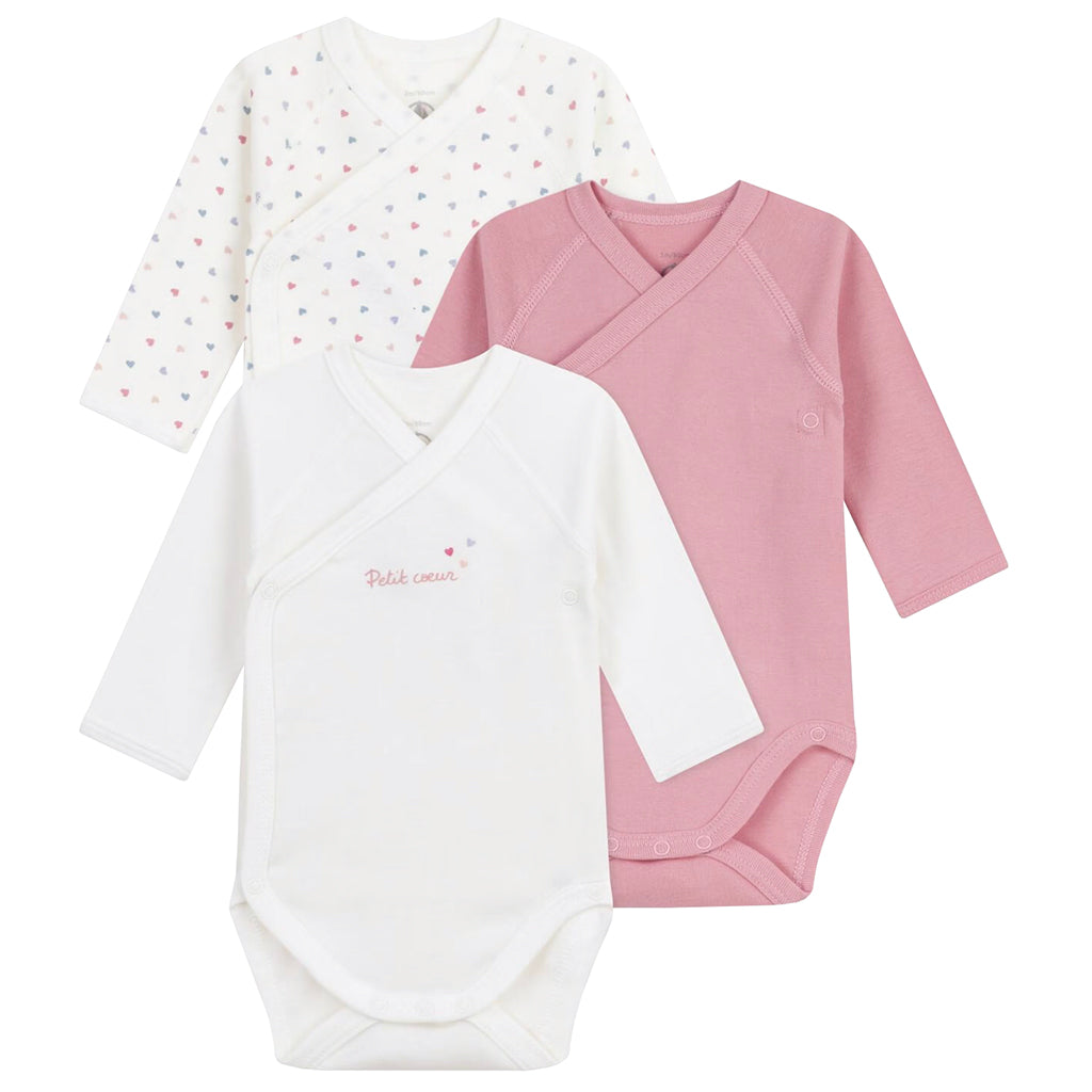 Petit Bateau Baby Set Of Three Wrap Bodysuits Pink Hearts Print